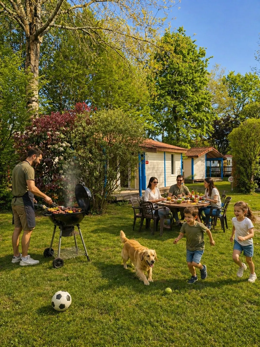 Barbecue en famille devant un chalet