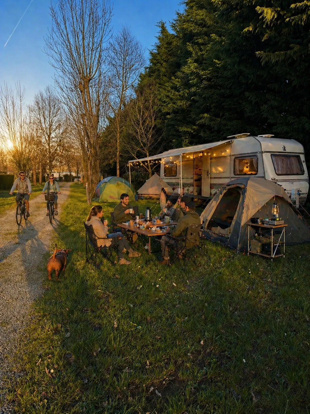 Caravane et auvent sur un emplacement au coucher du soleil
