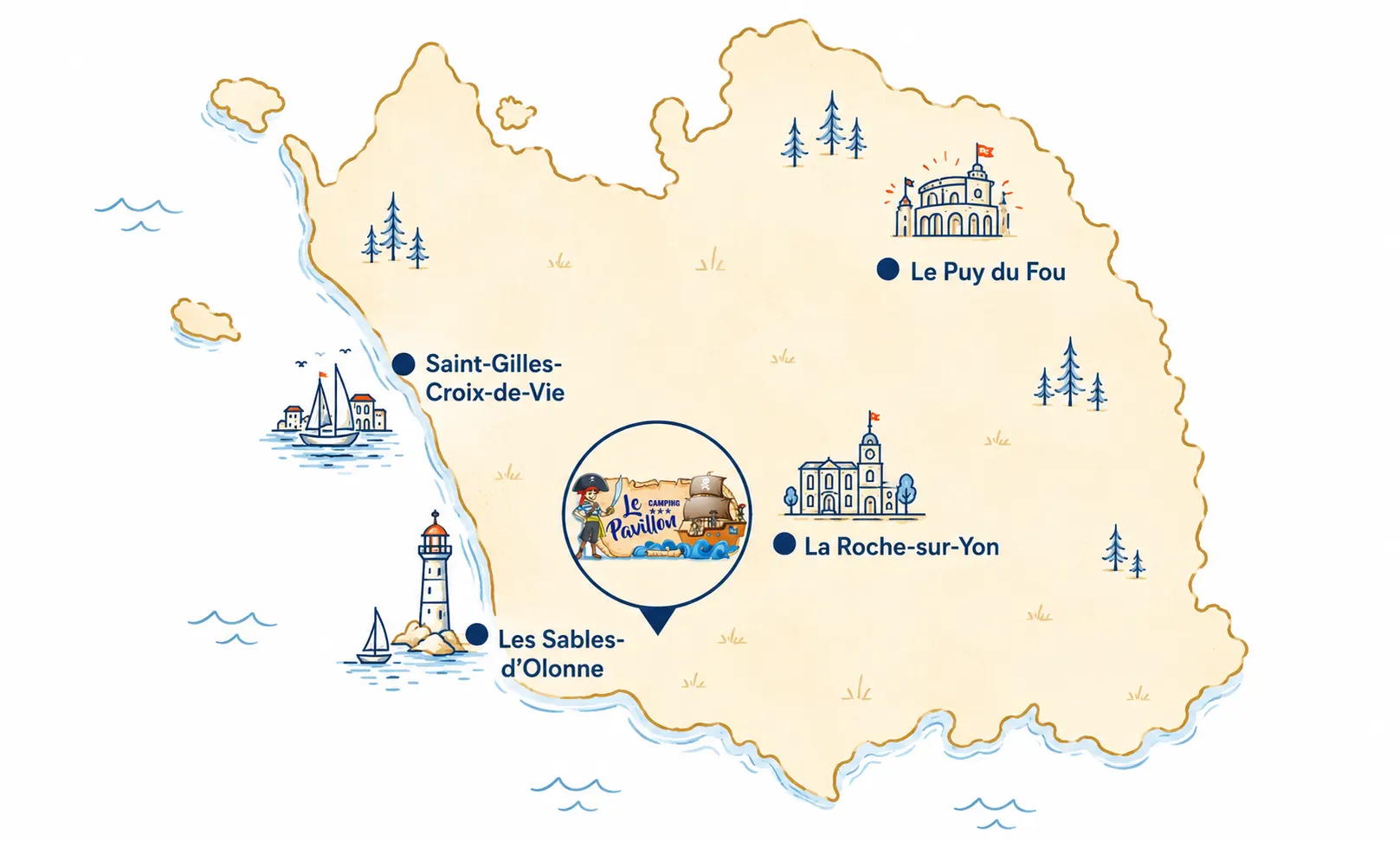 Carte illustrée de la Vendée — Camping Le Pavillon, Puy du Fou, Les Sables d'Olonne