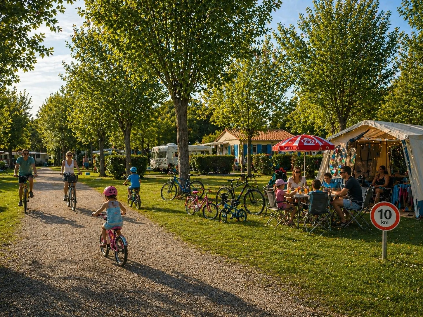 Enfants à vélo dans l’allée des emplacements